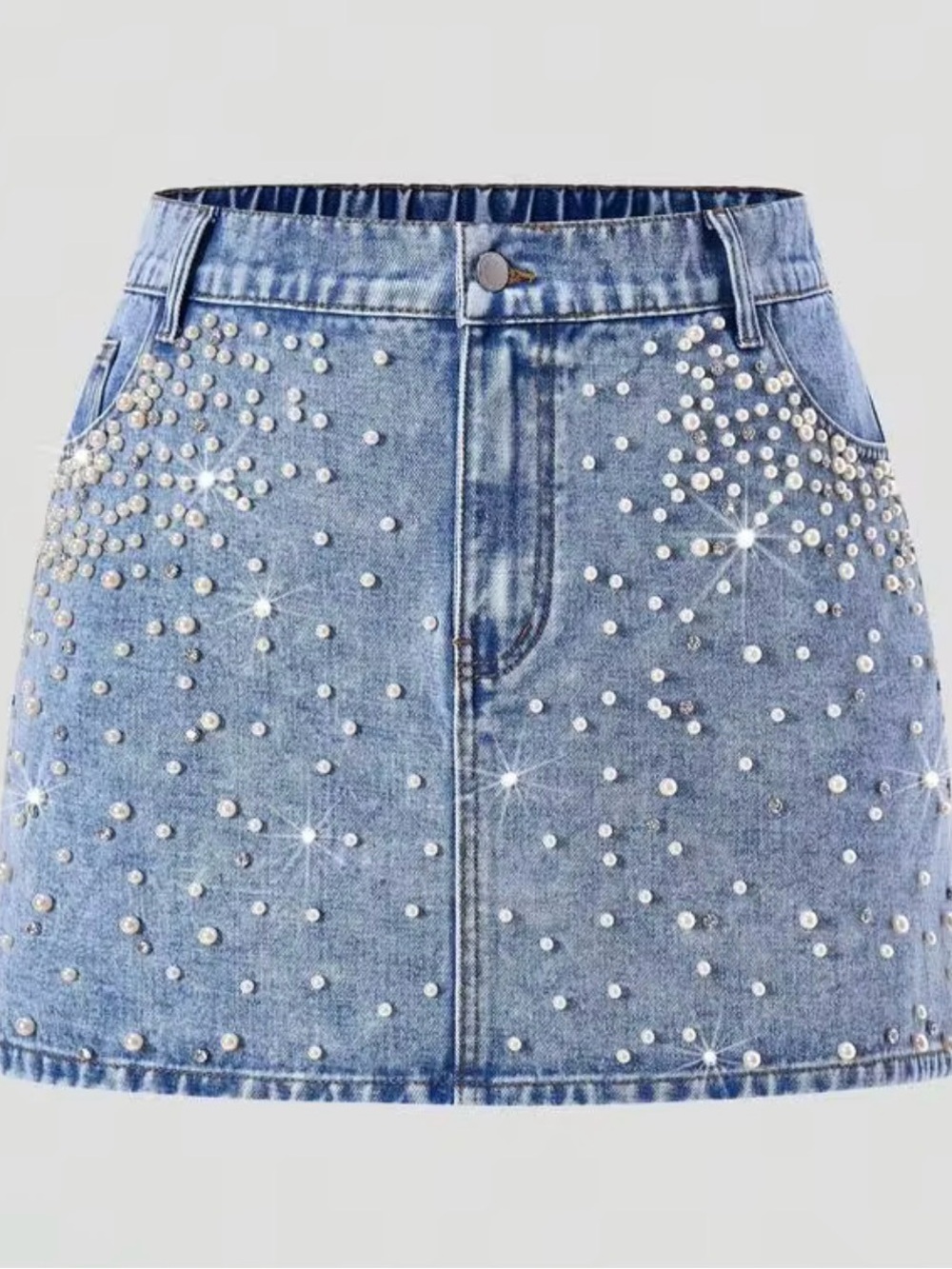 Denim Pearl-Embellished Mini Skirt size 1XL